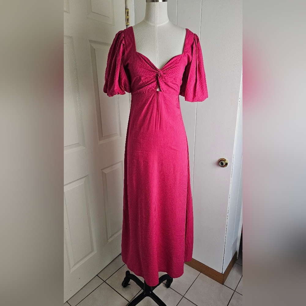 Mango puff sleeve twist front midi dress in pink Fucsia Viscose Size US 2 EUR XS